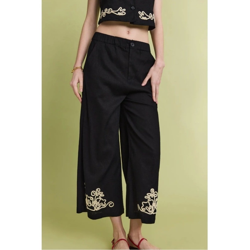 Fifteen Twenty Mason Rope‎ Stitch Pants Embroidered Linen Wide Leg Black Size L